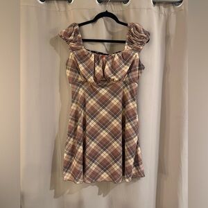 Sweet Society Plaid  Mini Dress in Muted Neutrals